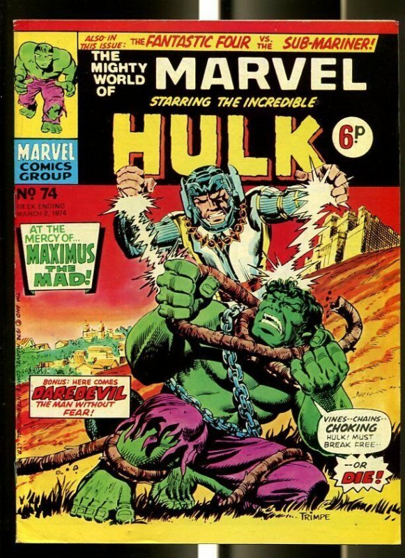 MIGHTY WORLD OF MARVEL #74 1974-HULK-FANTASTIC FOUR-DAREDEVIL-KIRBY-UK COMIC FN