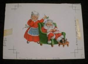 CHRISTMAS Santa & Mrs Claus w/ Mistletoe 6.5x5 Greeting Card Art #5676