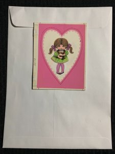 VALENTINES DAY Cute Girl w/ Brown Puppy & Heart 4.5x6 Greeting Card Art V3273