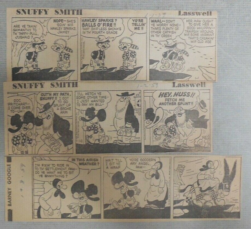 (312) Snuffy Smith Dailies by Fred Laswell from 1959 Size: 3 x 8 inches