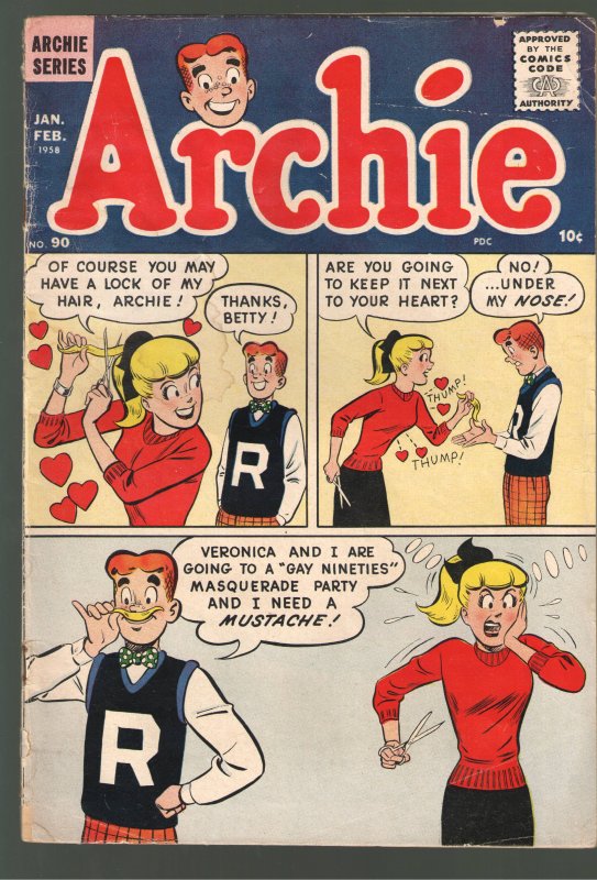 ARCHIES COMICS #90(1958!) SOLID VG 4.0  10 cent cover Archie! GAY cover joke.