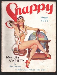 Snappy 8/1933-Merwil-Earle Bergey unclad woman cover-Spicy interior art with ...