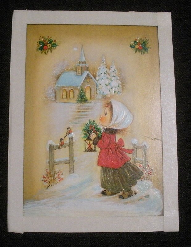 CHRISTMAS Cute Girl w/ Lantern Going to Church 5.5x7.5 Greeting Card Art #nn
