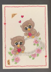 VALENTINES DAY Cartoon Owls on Branch w/ Hearts 4x6 Greeting Card Art #V3423
