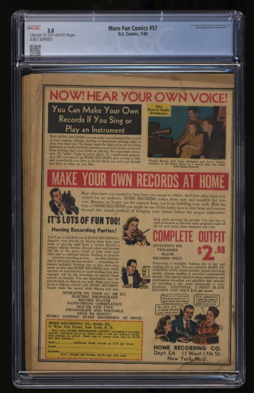 More Fun Comics #57 CGC GD/VG 3.0 Spectre! 3rd App Dr. Fate! Batman #1 Ad!