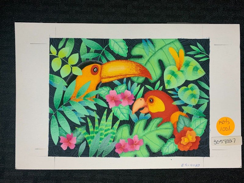 NOTE CARD Colorful Tucan w/ Parrot and Flowers 9x6 Greeting Card Art #4029