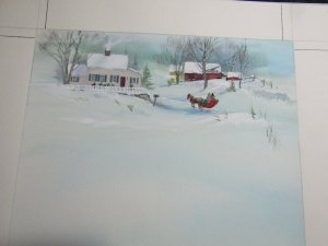 MERRY CHRISTMAS Scenic Snowy House Horse & Sleigh 9x12 Greeting Card Art #nn