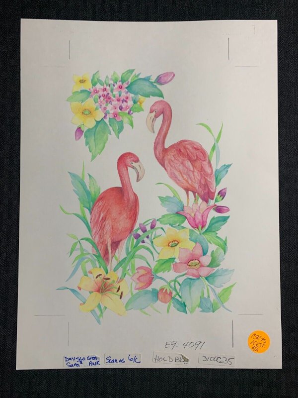 JOURNAL COVER Two Pink Flamingos with Pencils 2pcs 9x12 Greeting Card Art #4091