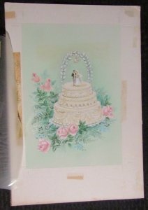 ON YOUR WEDDING Large Beautiful Cake w/ Pink Roses 10.5x15 Greeting Card Art #nn
