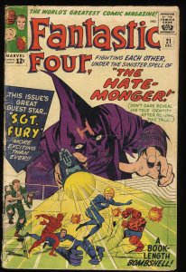 Fantastic Four #21 GD/VG 3.0 1st Appearance Hate-Monger! Sgt. Fury! Jack Kirby