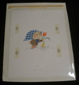 CUTE GIRL Checkered Hankerchief w/ Pink Flower 7x10 Greeting Card Art #8022