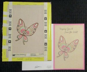 GET WELL SOON Sewn Fabric Butterfly 7x9 Greeting Card Art #92001 w 3 Cards