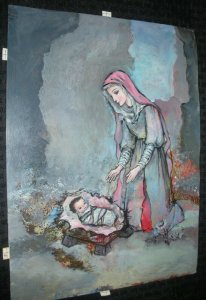 CHRISTMAS Large Painted Mary & Baby Jesus 11.5x15.5 Greeting Card Art #372