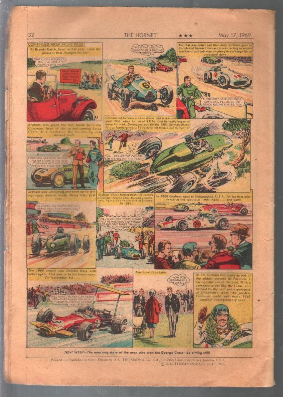 Hornet 5/17/1969-DC Thompson-British-tabloid-Graham Hill-F-1 racer-VG