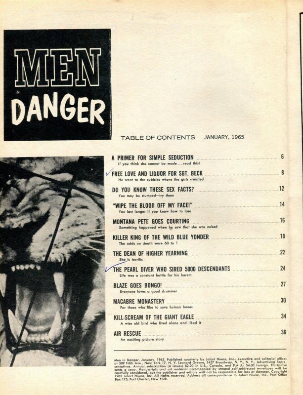 Men In Danger Magazine January 1965-Blaze Starr-Capuchin Monastery- Billy Barker