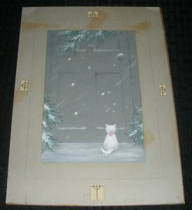 MERRY CHRISTMAS White Cat Sitting at Door 7x9.5 Greeting Card Art #512