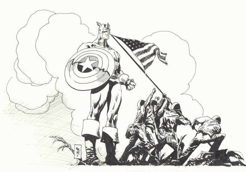 Captain America and Marines Raising the Flag on Iwo Jima - art by Jordi Bernet