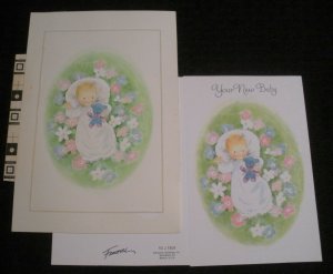 YOUR NEW BABY Cute Girl w/ Blue Teddy Bear 5.5x8 Greeting Card Art #1804