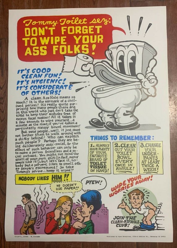 1995 Reprint TOMMY TOILET SEZ by R Crumb 15.25x22 Poster FN+ 6.5 Apex Novelty 