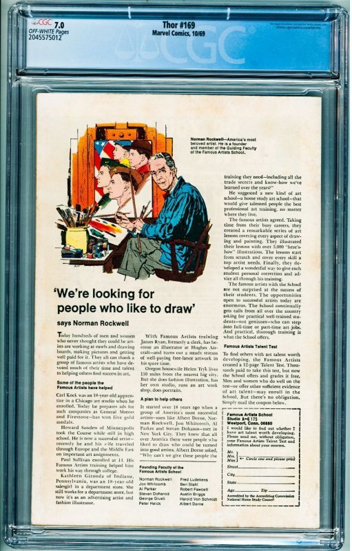 Thor #169 (1969) CGC 7.0! OW Pages!