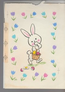 HAPPY EASTER Cartoon Rabbit w/ Basket Tulip Border 6x8 Greeting Card Art #E2803