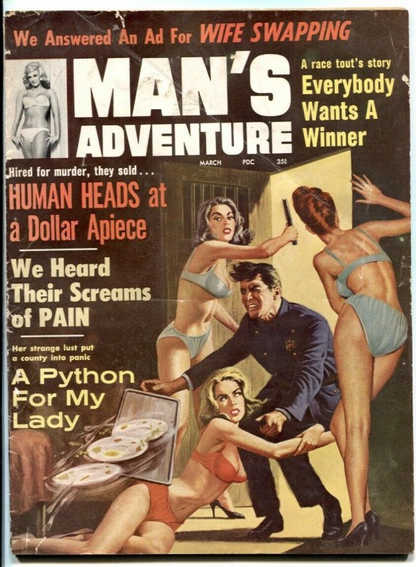 Man's Adventure March 1964- anti-cop cover- wife swapping G/VG