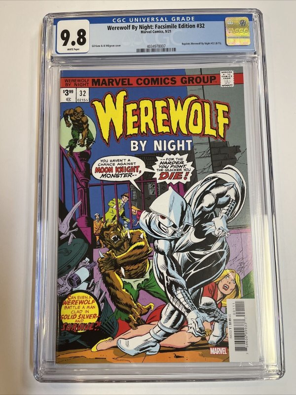 Werewolf By Night Facsimile Edition (2021) # 32 (CGC 9.8 WP) 1st App Moon Knight 