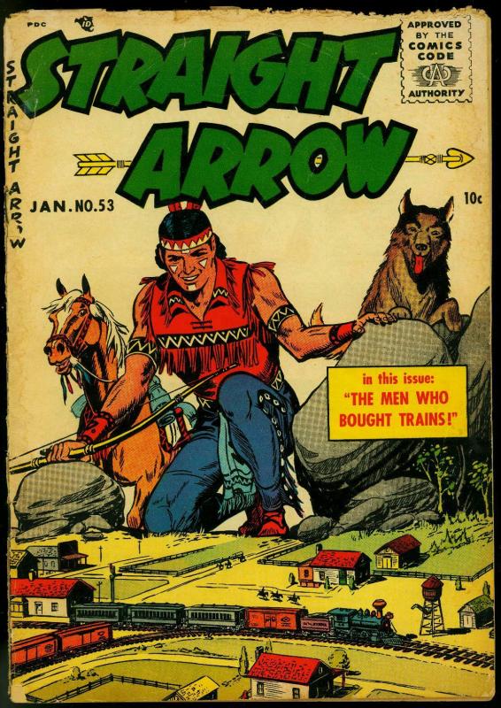 Straight Arrow #53 1956- Fred Meagher-Lionel train set cover- western G-