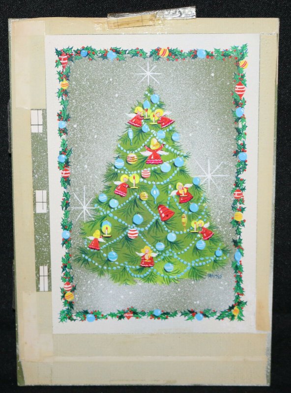 Original Christmas Greeting Card Art - Tree w Stary Background 1971 art by Ramos
