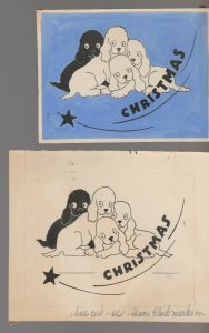 CHRISTMAS Cute Black White Puppies w/ Shooting Star 5x4.5 Greeting Card Art #162