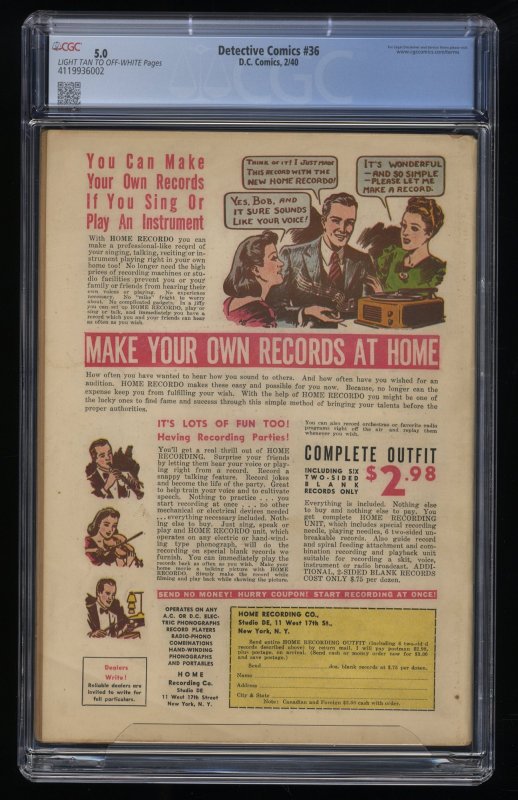 Detective Comics #36 CGC VG/FN 5.0 1st Appearance Hugo Strange!