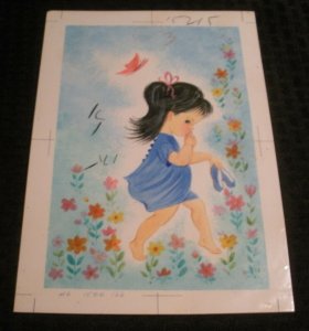 BIRTHDAY Cute Girl Tip Toeing w/ Butterfly 7.5x10.5 Greeting Card Art #BB166