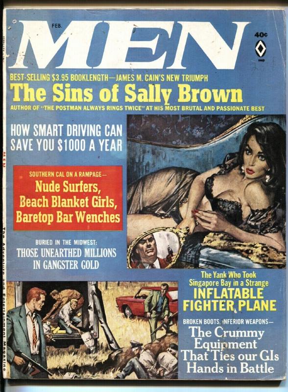 Men Magazine February 1966-NUDE SURFERS-CRIME-COPELAND-NOREM ART VG- 