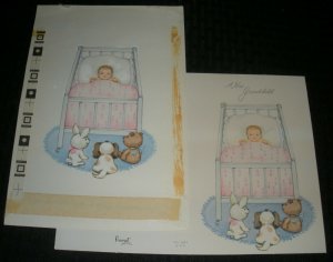 CONGRATULATIONS New Baby w/ Bunny Puppy Teddy Bear 6x9 Greeting Card Art #1874