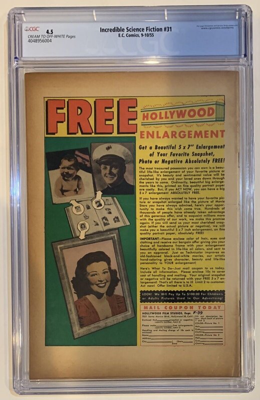 (1955) EC Comics INCREDIBLE SCIENCE FICTION #31 CGC 4.5 JACK DAVIS COVER! WOOD!