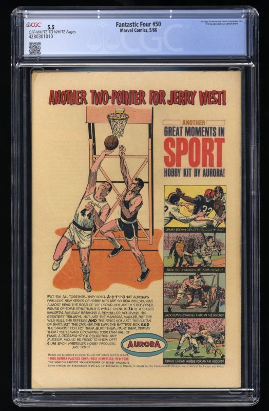 Fantastic Four #50 CGC FN- 5.5 3rd Appearance Silver Surfer! Human Torch!