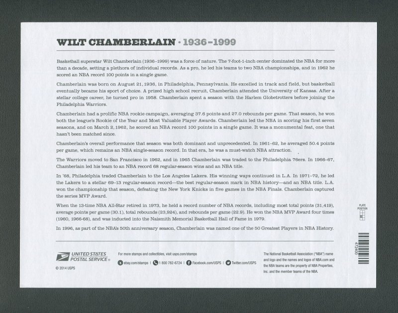 Wilt Chamberlain US postage Stamp Commemorative Sheet  2014