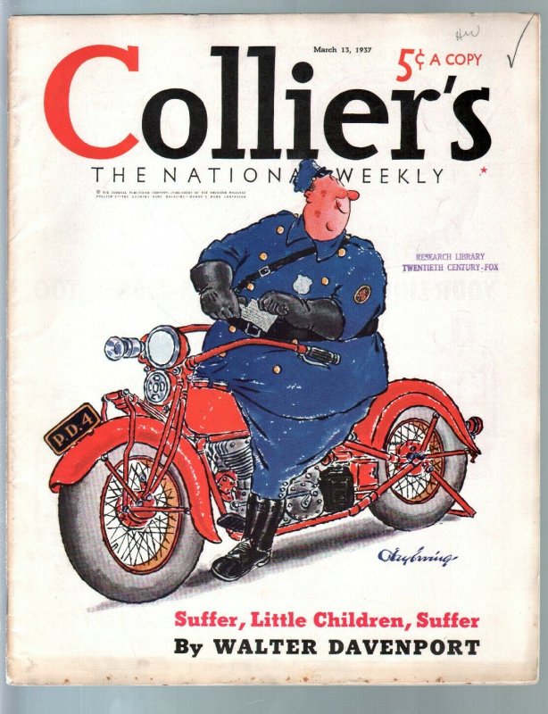 Colliers 3/13/1937-motorcycle cop cover by Jay Irving-Haycox-Nebel-VG/FN