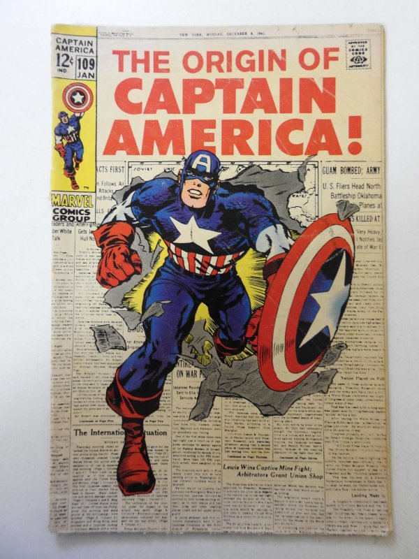 Captain America #109  (1968) GD+ Cond! 1 in spine split, tape pull back cover