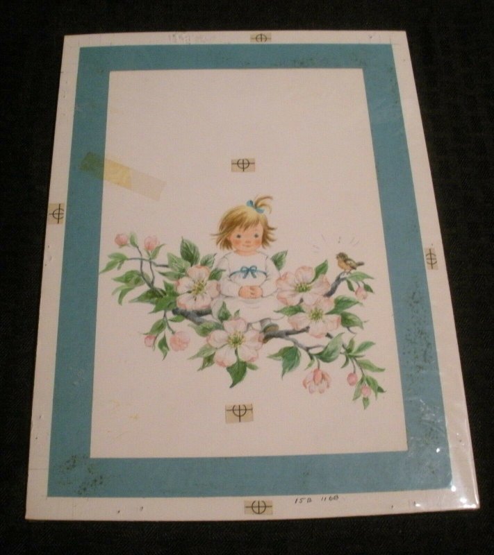 BIRTHDAY Cute Girl Pink Flowers Branch & Bird 8x11.5 Greeting Card Art #B1168