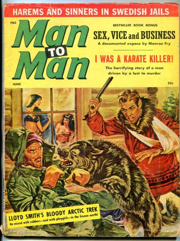 Man To Man Magazine June 1960-VIOLENT WOLF ATTACK-GIRL FIGHT ART VG