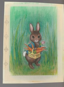 EASTER Cute Brown Bunny w/ Carrots in Basket 6x8 Greeting Card Art #E2413