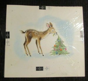 CHRISTMAS Cute Deer w/ Decorated Tree 10x9 Greeting Card Art #66201