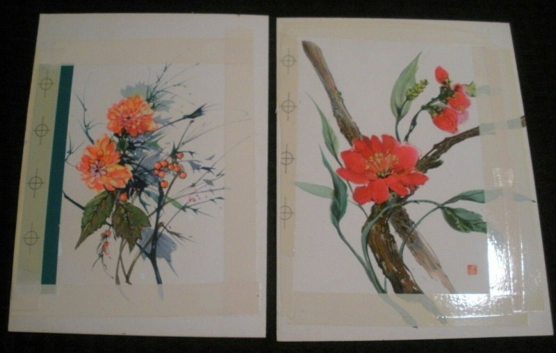 ANNIVERSARY / BIRTH Red & Orange Flowers 2pcs 6x8.5 Greeting Card Art #10B 1755