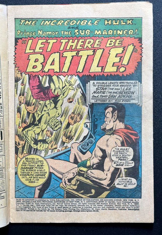 Tales to Astonish #100 (1968)[KEY] Hulk vs. Namor Classic Battle Silver Age -GD+