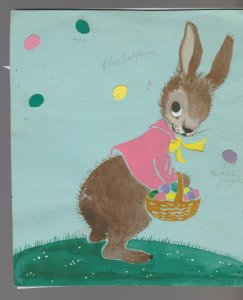 HAPPY EASTER Cute Bunny w/ Pink Shirt w/ Egg Basket 5x6 Greeting Card Art #E2413 