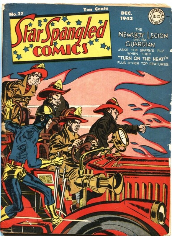 STAR SPANGLED #27-1943-SIMON & KIRBY-LIBERTY BELLE-FIRE TRUCK COVER-DC-WW II 