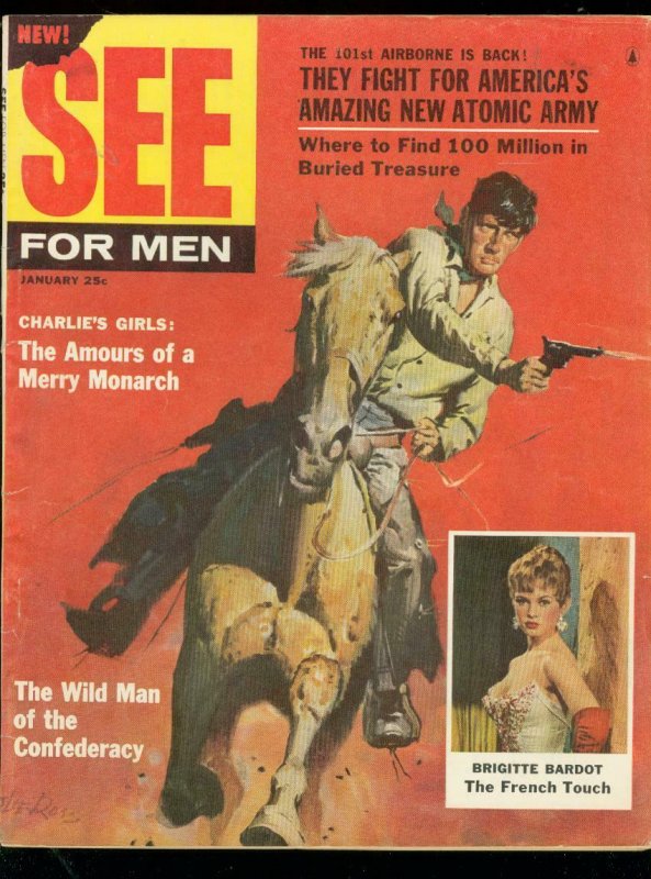 SEE FOR MEN JAN 1957-BRIGITTE BARDOT-ROSS WESTERN COVER FN