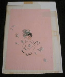 BIRTHDAY Cute Girl w/ Flowing Dress & Flowers 8x12 Greeting Card Art #nn