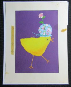 EASTER Cute Yellow Chick w/ Blue Bonnet & Flower 11x14 Greeting Card Art #E524